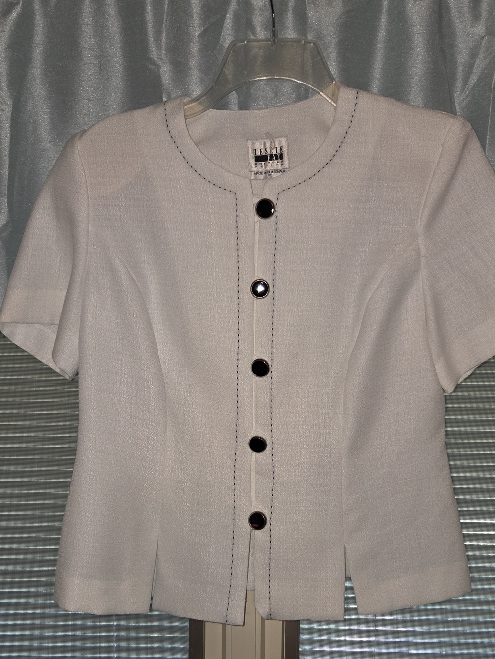 Leslie Fay White Short-Sleeve Buttoned Blazer with Black Buttons